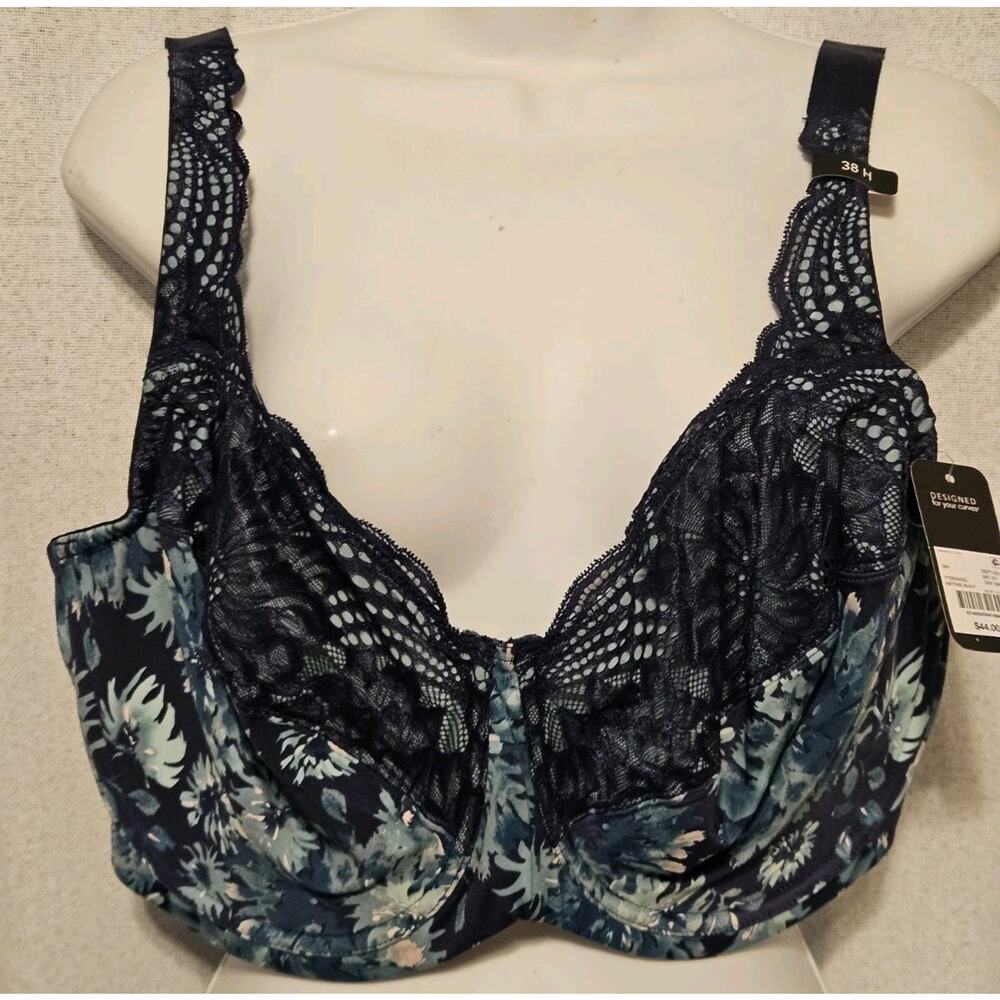 NEW $44 Modern Movement Y72BM053L UW Blue Floral Satiny Unlined w Lace Bra 38H